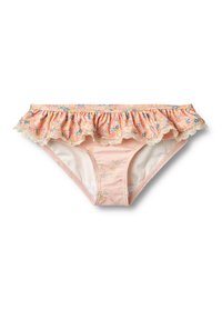 Kwiatowy dół bikini w delikatnym różu z falbaniastym górnym brzegiem. Posiada koronkowe wykończenie oraz subtelny pastelowy wzór kwiatowy. Wykonany z elastycznej tkaniny.