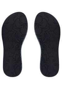 Black insoles featuring a floral pattern, made of flexible material with a textured surface for grip. Rounded edges, labeled "ROXY."