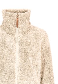 Beige huňatý fleece kabát s vysokým golierom a predným zipsom, ktorý má hnedú koženú ozdobu na ťahanie.