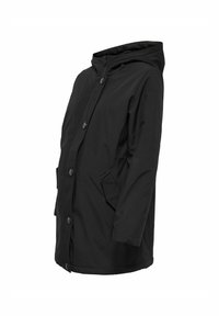 Imperméable de maternité noir avec capuche, manches longues, fermeture éclair à l'avant et fermetures par boutons, et deux poches latérales.