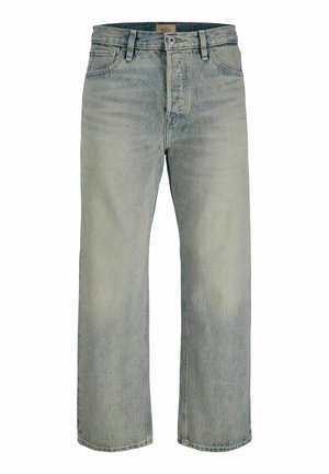Lichtblauwe denim jeans met rechte pijpen, voorzakken, riemlussen en een knoopsluiting.
