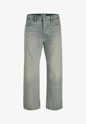 Lichtblauwe denim jeans met rechte pijpen, voorzakken, riemlussen en een knoopsluiting.
