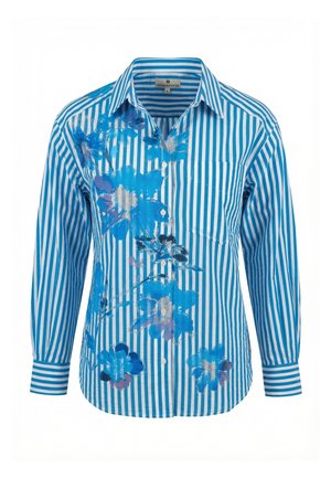Camicia a maniche lunghe con righe verticali blu e bianche, decorata con motivi floreali blu e argento e una tasca sul petto, con bottoni sul davanti.