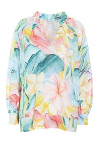 Blusa floreale con scollo a V, dettagli arricciati e maniche lunghe. Realizzata in tessuto leggero, con vivaci motivi floreali in acquarello.