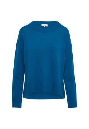 Niebieski sweter z teksturowanego dzianiny o szerokim dekolcie, opadających ramionach i długich rękawach. Posiada prążkowany dół i mankiety.