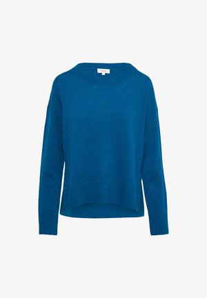 Pull en maille texturée bleu, avec un décolleté large, des épaules tombantes et des manches longues. Présente un ourlet et des poignets côtelés.