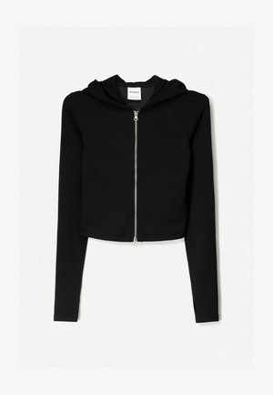 Schwarze, verkürzte Kapuzenjacke aus weichem Stoff, mit vollem Front-Reißverschluss, langen Ärmeln und verstellbarem Kapuzenzug. Einfaches, minimalistisches Design.