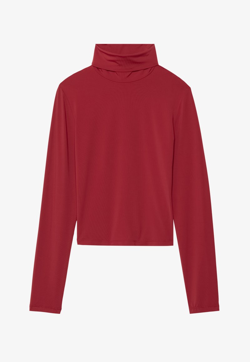 Red long-sleeve mock neck top made from smooth fabric; features a cropped design with a relaxed fit and stitched edges.