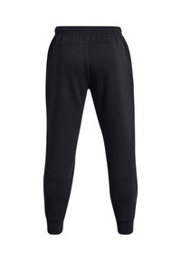 Black sweatpants with a relaxed fit, elastic waistband, and tapered cuffs. Smooth texture with side seam accents. No visible pockets.