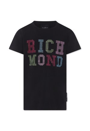 Czarny bawełniany t-shirt z napisem "RICHMOND" w wielokolorowych kryształkach. Krótkie rękawy, okrągły dekolt i prosty krój.