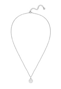 Sølv kædedesignet med en enkelt hvid perle pendant, glat overflade, enkelt design og justerbar kædelængde med lås.