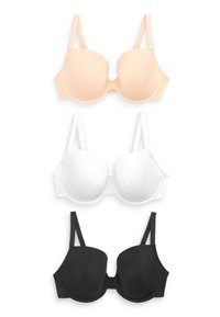 Drie bh's in nude, wit en zwart. Elke bh heeft gladde, gevoerde cups, verstelbare bandjes en een naadloos ontwerp voor comfort.