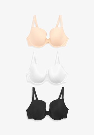 Drei BHs in Nude, Weiß und Schwarz. Jeder verfügt über glatte, gepolsterte Schalen, verstellbare Träger und ein nahtloses Design für optimalen Komfort.