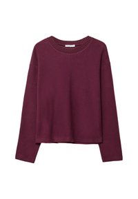 Burgundijska dukserica dugih rukava, rebrasti okrugli izrez, opušteni kroj, mekana tekstura i spuštena ramena, s minimalističkim dizajnom i bez uzoraka.