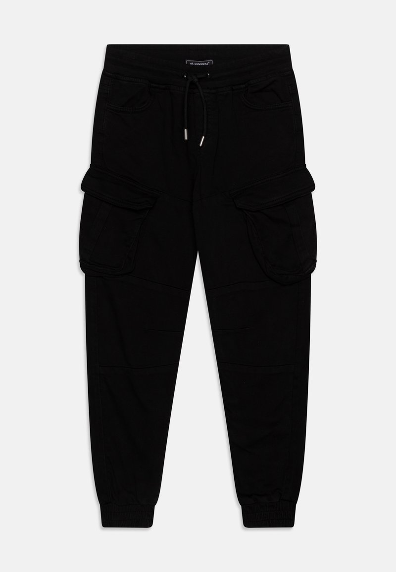 Pantalon cargo noir avec taille à cordon, deux poches à rabat sur les cuisses, poches latérales et poignets élastiques.