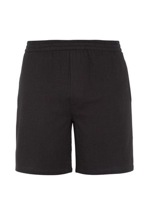 Shorts en coton noir avec taille élastique et ourlet droit, longueur genou, design simple avec tissu subtilement texturé.