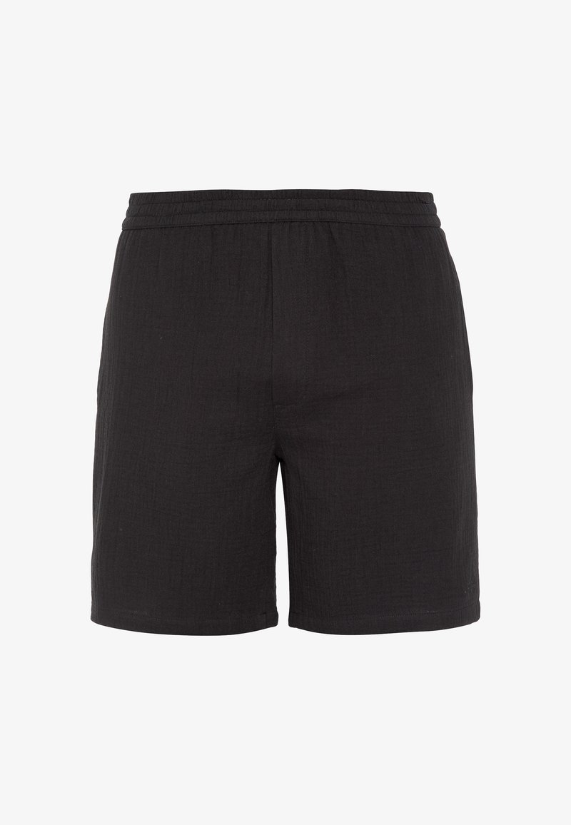 Shorts en coton noir avec taille élastique et ourlet droit, longueur genou, design simple avec tissu subtilement texturé.