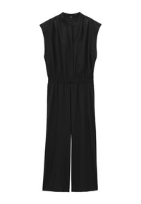 Schwarzer Jumpsuit mit hohem Kragen, kurzen Ärmeln, elastischem Bund und weitem Bein, aus glattem Stoff ohne sichtbare Muster.