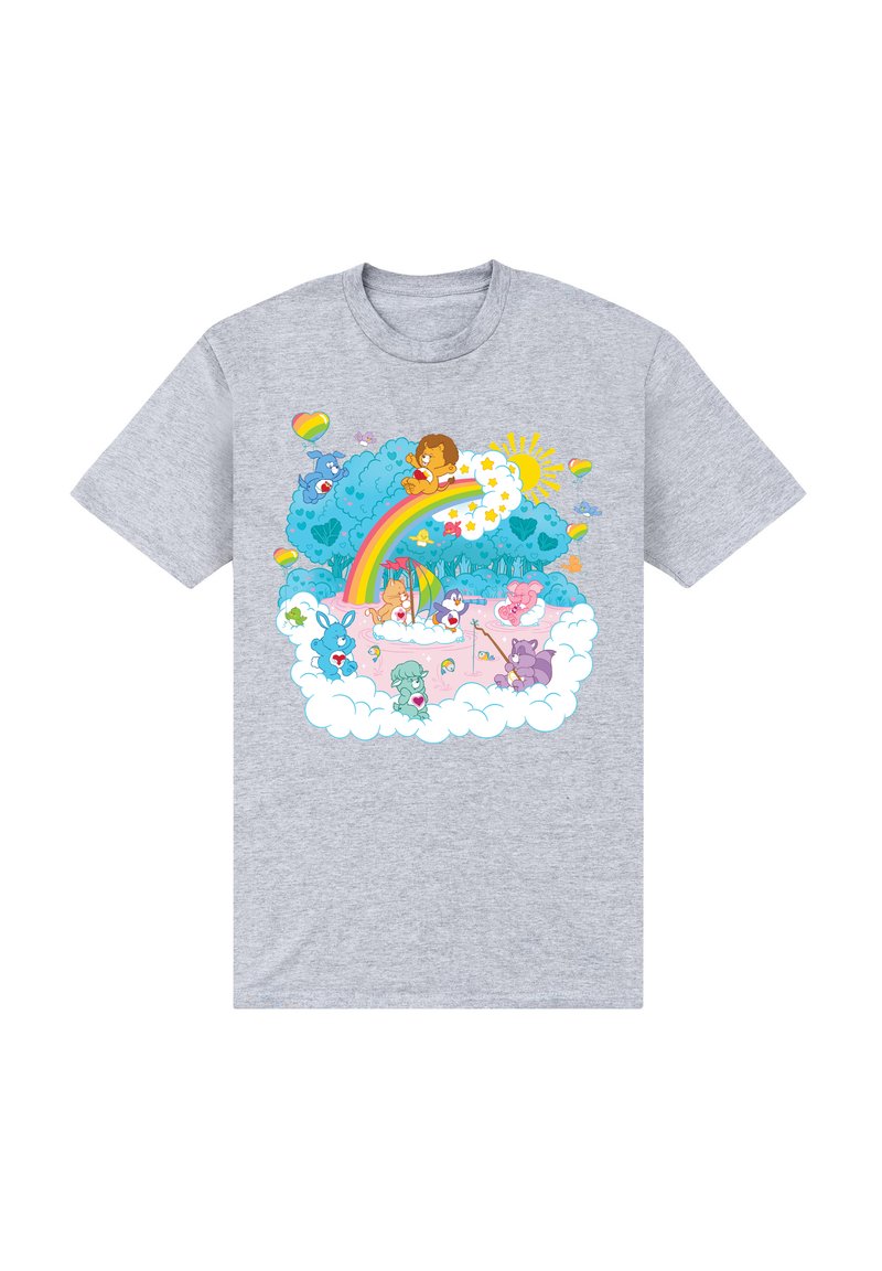 Šedé bavlněné tričko s barevným grafickým potiskem lva, duhy a veselých postaviček v mracích s vzory a jasnými akcenty.