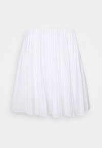 Bílá plisovaná sukně s elastickým pasem, vyrobená z měkké látky a s lehkou texturou, vytvářející volný siluetu.