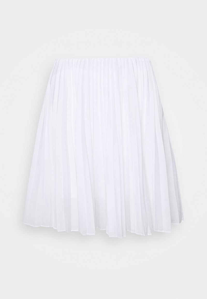 Bílá plisovaná sukně s elastickým pasem, vyrobená z měkké látky a s lehkou texturou, vytvářející volný siluetu.