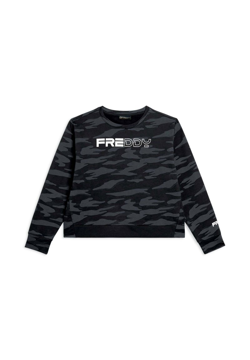 Felpa corta nera con motivo camouflage, dotata di logo bianco "FREDDY" sul petto e sulla manica, con polsini e orlo a coste.