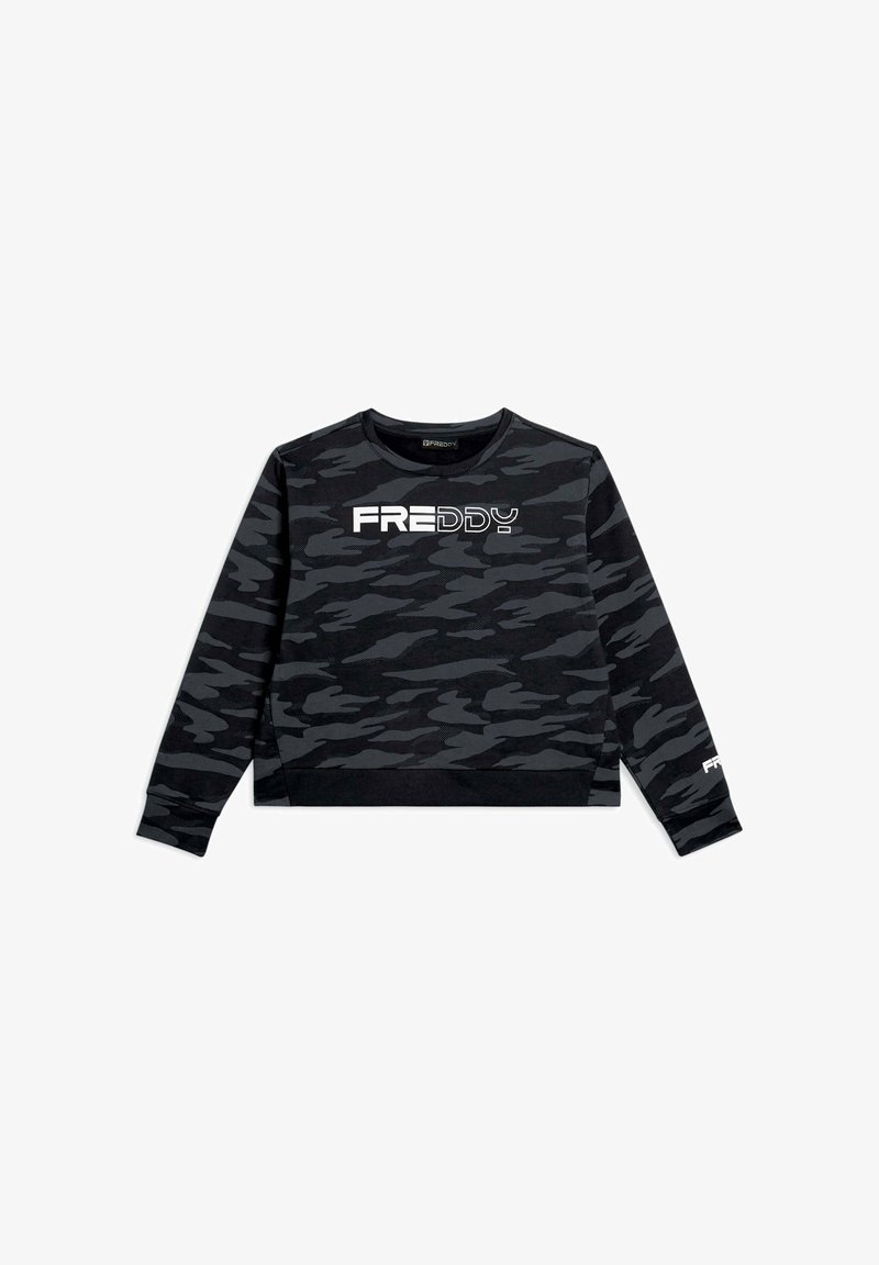 Sweatshirt noir court avec un motif camouflage, comportant le logo blanc "FREDDY" sur la poitrine et la manche, ainsi que des poignets et un ourlet côtelés.