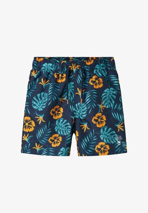 Bañadores de hombre con un fondo azul marino, patrones florales vibrantes en naranja y verde, cintura elástica y cordón ajustable.