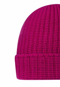 Fuchsia knitted beanie hat with a ribbed texture and a folded cuff, featuring a smooth, rounded top for a snug fit.