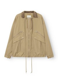 Beige Zip-Jacke mit Cordkragen, Kordelzügen am Kragen und Saum, elastischen Bündchen und mehreren Reißverschluss- und Druckknopf Taschen auf der Vorderseite.