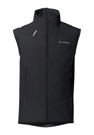 Zwart mouwloos softshellvest met volledige voorrits, hoge kraag, twee ritssluitingen aan de zijkant en Vaude-logo op de borst.