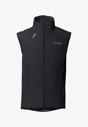 Zwart mouwloos softshellvest met volledige voorrits, hoge kraag, twee ritssluitingen aan de zijkant en Vaude-logo op de borst.
