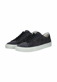 Graue Wildledersneaker mit einem Low-Top-Design, ausgestattet mit schwarzen Schnürsenkeln und einer weißen Gummisohle. Glatte Textur mit minimalen Nähdetails.