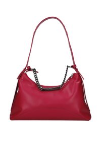 Borsa a mano in pelle rossa con forma morbida, texture liscia e manico con catena. Presenta lacci laterali e una placca logo discreta.