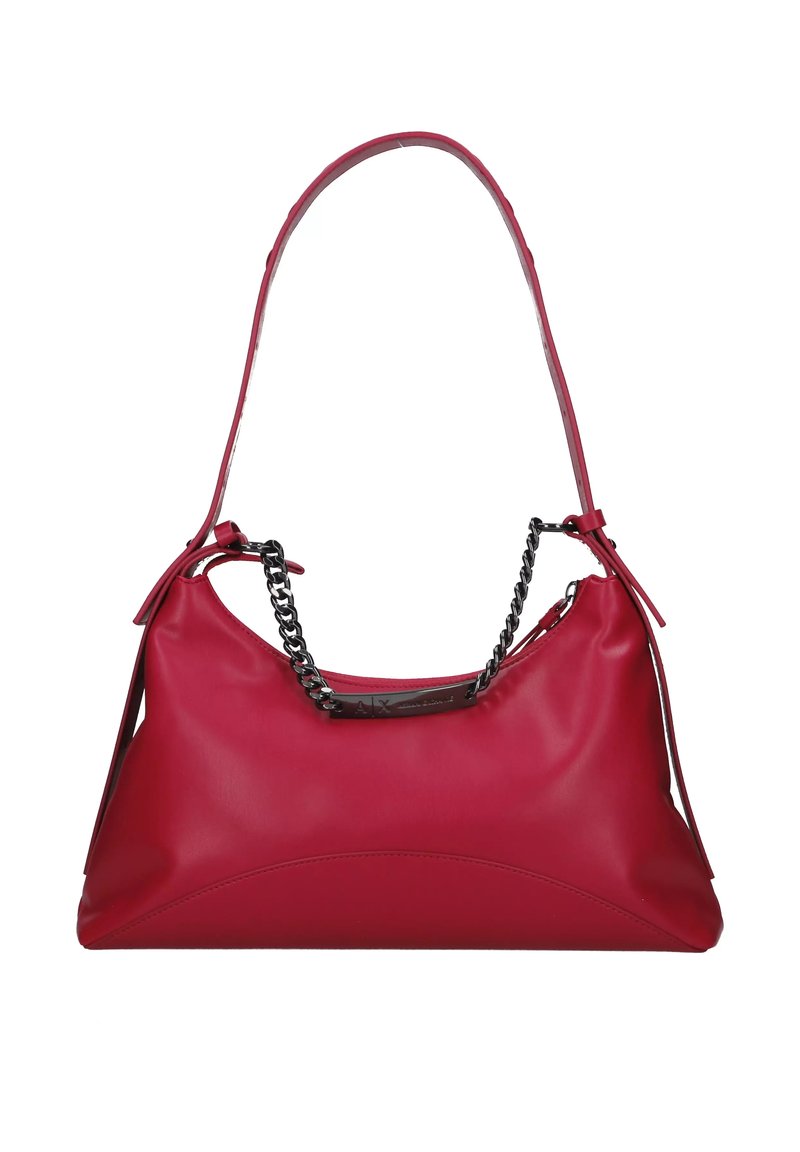 Borsa a mano in pelle rossa con forma morbida, texture liscia e manico con catena. Presenta lacci laterali e una placca logo discreta.