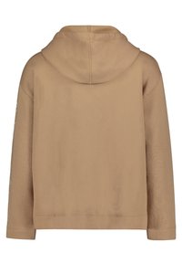 Brun huva tröja med långa ärmar, tillverkad av mjukt tyg. Har en enkel design och en snygg finish vid ärmsluten och fållen.