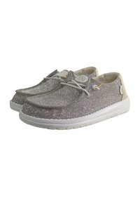 Glittery silver shoes with a round toe, white sole, and lace-up design. Featuring a smooth interior and subtle branding accents.