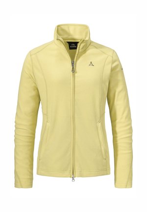Hellgelbe Fleecejacke mit hohem Kragen, Reißverschluss vorne und seitlichen Taschen. Hat ein kleines Logo auf der linken Brust und eine glatte Textur.