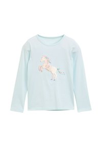 Camicia a maniche lunghe di colore azzurro chiaro con un design di unicorno decorato con paillettes in colori pastello, caratterizzata da un colletto rotondo e una consistenza di tessuto morbida.
