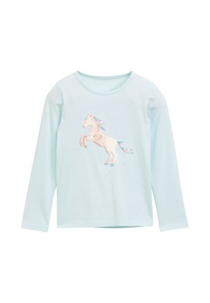 Camicia a maniche lunghe di colore azzurro chiaro con un design di unicorno decorato con paillettes in colori pastello, caratterizzata da un colletto rotondo e una consistenza di tessuto morbida.