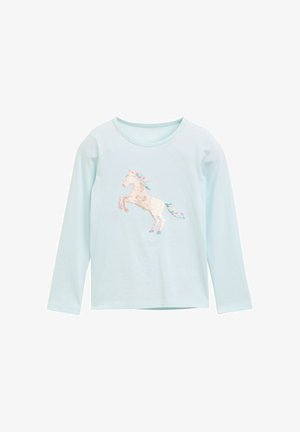 Langärmliges hellblaues Shirt mit einem mit Pailletten verzierten Einhorn-Design in Pastellfarben, Rundhalsausschnitt und einer weichen Stoffstruktur.