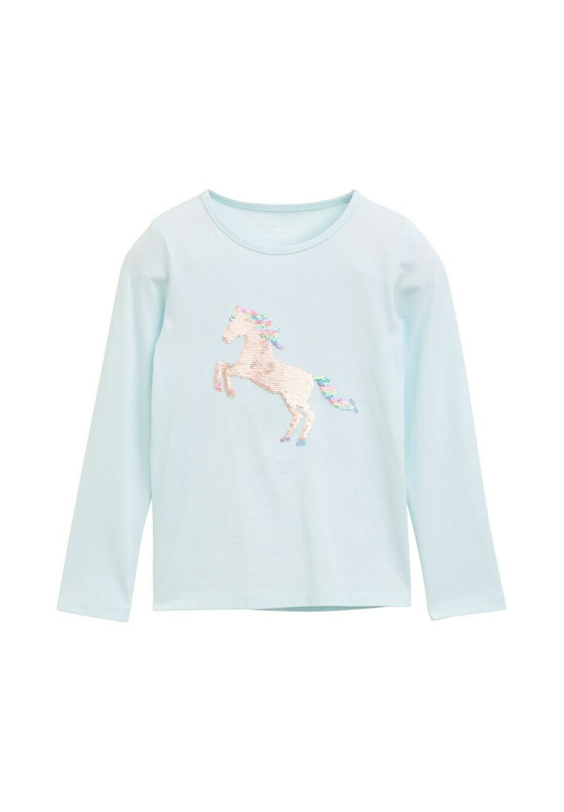 Camicia a maniche lunghe di colore azzurro chiaro con un design di unicorno decorato con paillettes in colori pastello, caratterizzata da un colletto rotondo e una consistenza di tessuto morbida.
