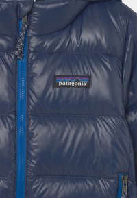 Veste en duvet navy avec capuche, fermeture éclair bleue et logo Patagonia en noir avec un design multicolore de montagne sur le coin supérieur gauche.