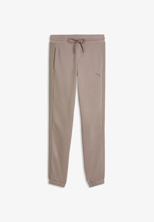 Lichtbruine taps toelopende joggingbroek met elastische tailleband, trekkoord, zijzakken, elastische enkelboorden en klein Puma-logo op de rechterdij.