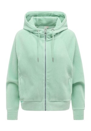 Sweat à capuche zippé en côte vert clair avec cordons de serrage et manches longues, présenté de face sur un fond blanc.