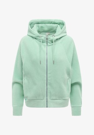 Felpa con cappuccio a coste verde chiaro con cerniera e coulisse, maniche lunghe, vista frontale su sfondo bianco.