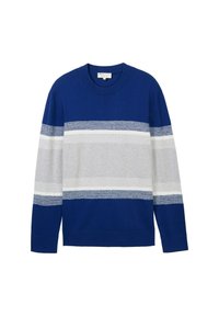 Blau- und graustriped Pullover mit Rundhalsausschnitt, gerippten Bündchen und Saum; zeigt abwechselnd horizontale Streifen in unterschiedlichen Breiten.