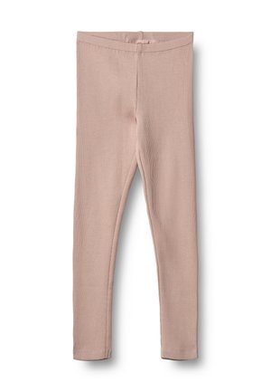 Beige geribbelde gebreide leggings met een elastische tailleband, ontworpen voor een strakke en comfortabele pasvorm, plat gepresenteerd op een witte achtergrond.