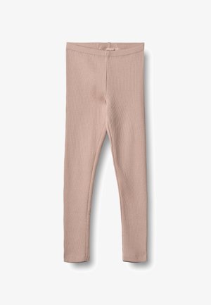 Leggings beige en maille côtelée avec une taille élastique, conçus pour une coupe ajustée et confortable, présentés à plat sur un fond blanc.