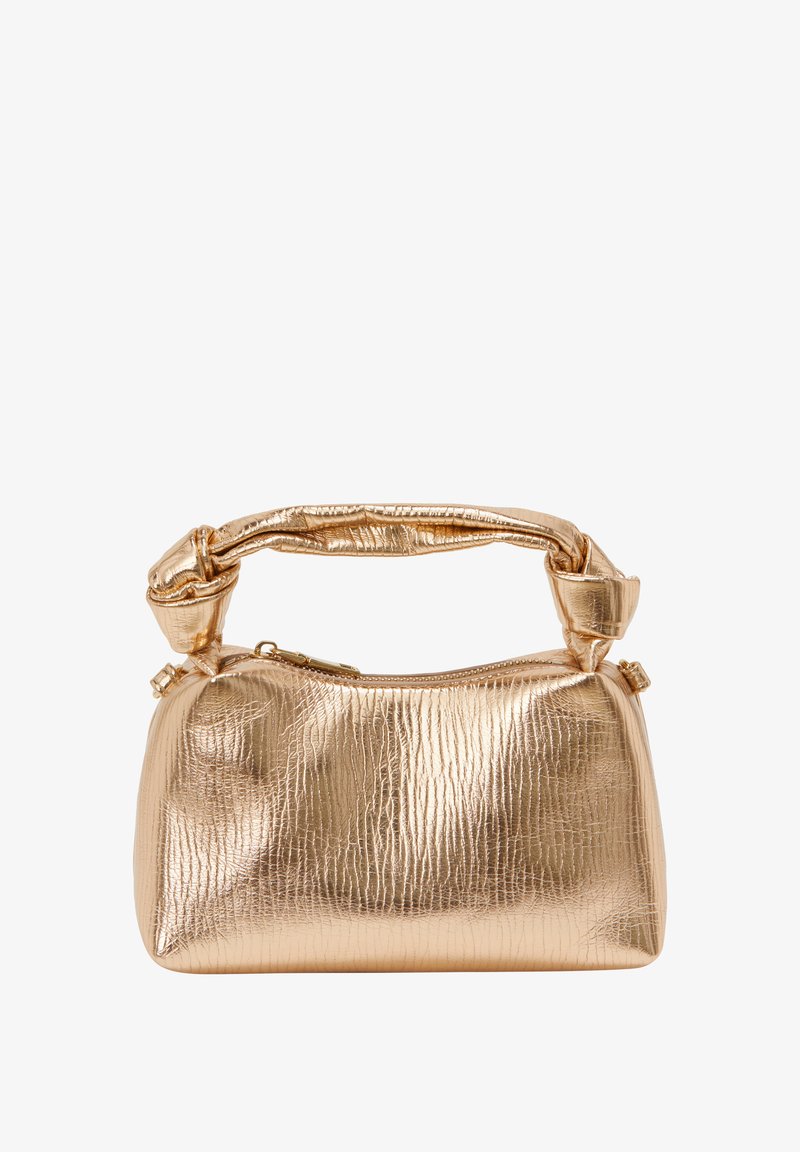 Metallic guld håndtaske med en tekstureret overflade, rund form og en knyttet hank; har en lynlås til sikker opbevaring.